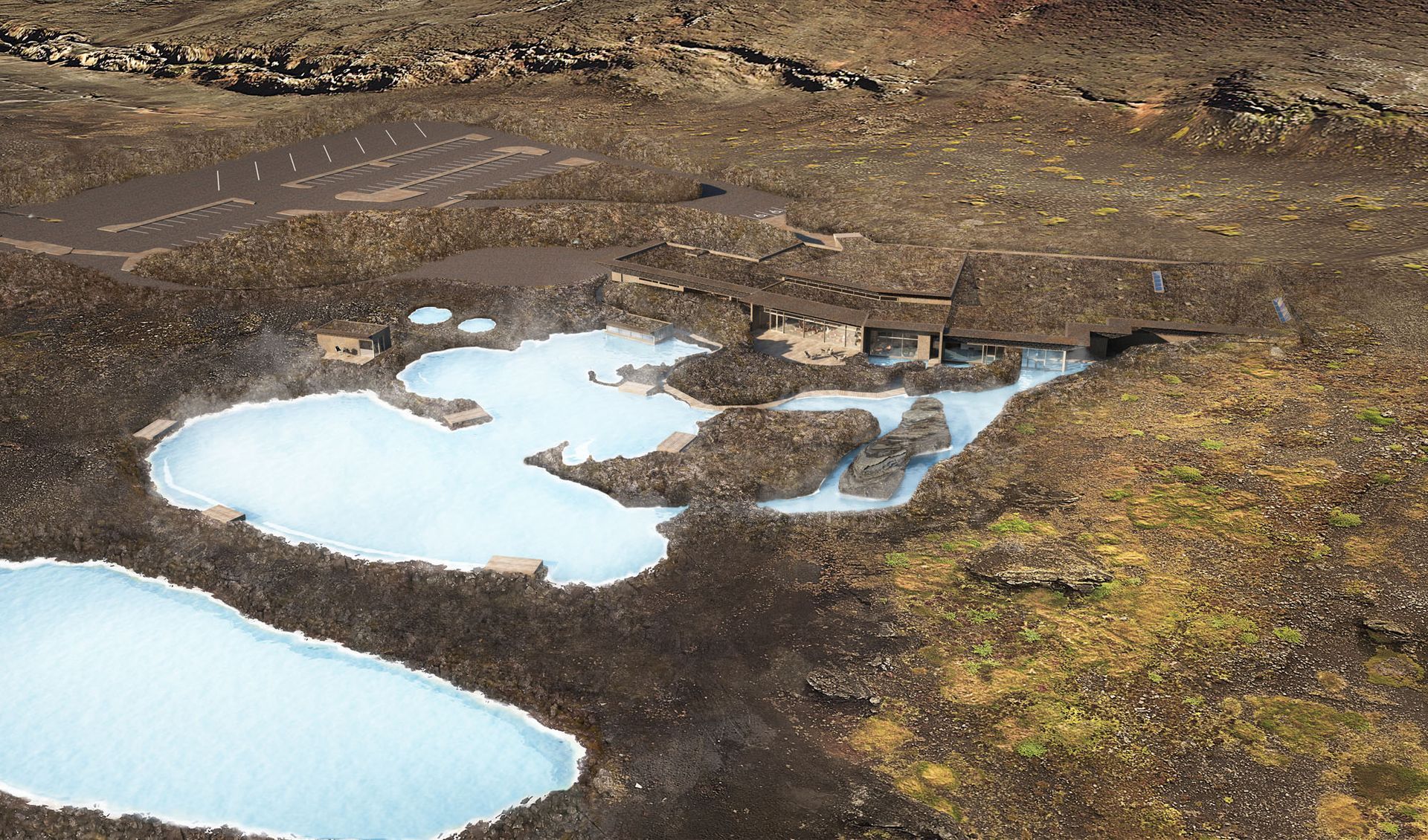 A person in a turquoise thermal pool near a modern building with stone exterior in a natural landscape.