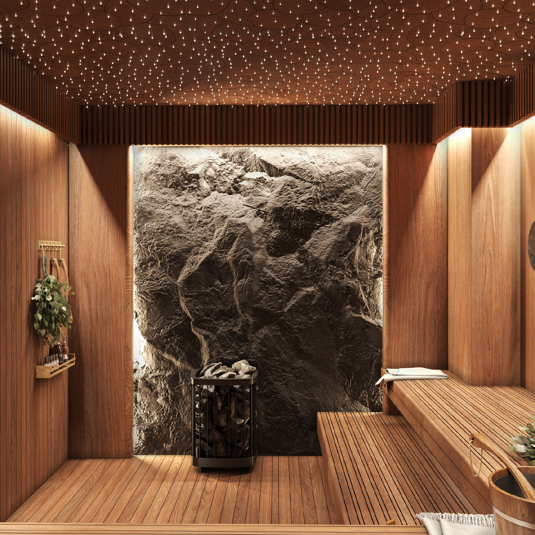 Wooden sauna with a rock wall, benches, and star-like lights in the ceiling.