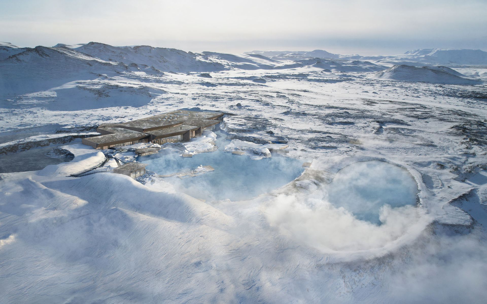 Björt blá jarðvarmalaugar umkringdar svörtum hraunbreiðum á Íslandi.