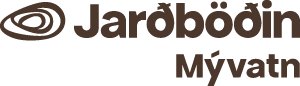 Brúnt merki Jarðböðin Mývatns, með hvirfilmynstri vinstra megin við textann.