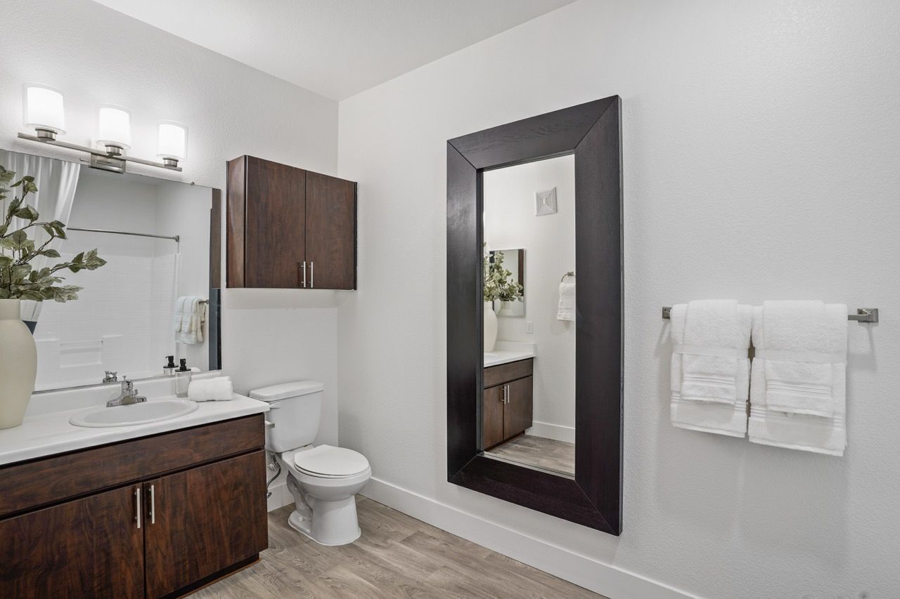 Bathroom in an apartment with a dark wood vanity, white sink, toilet, and a large rectangular wall mirror.