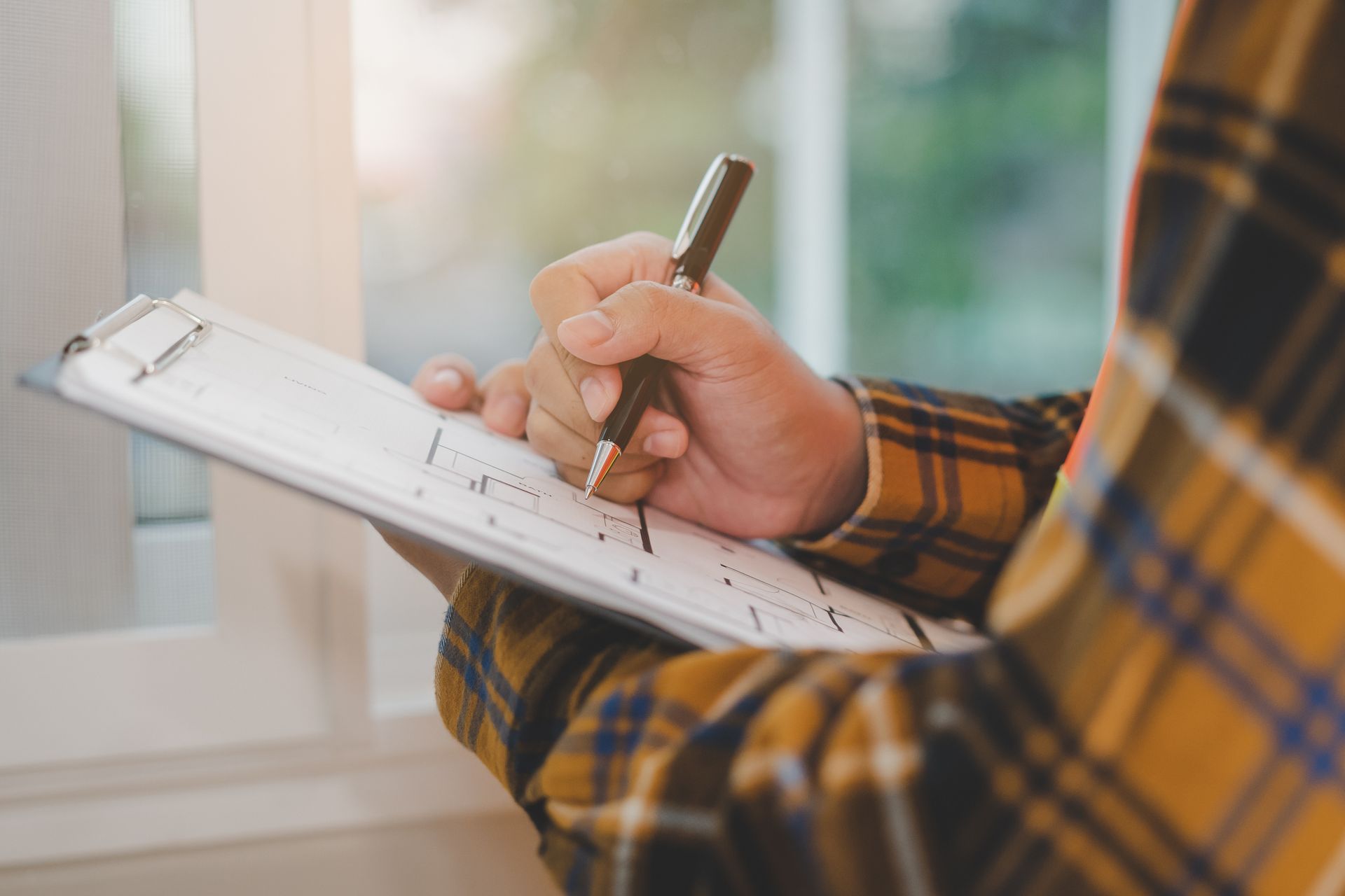 Person in a plaid shirt writing on a clipboard with a pen next to a window.