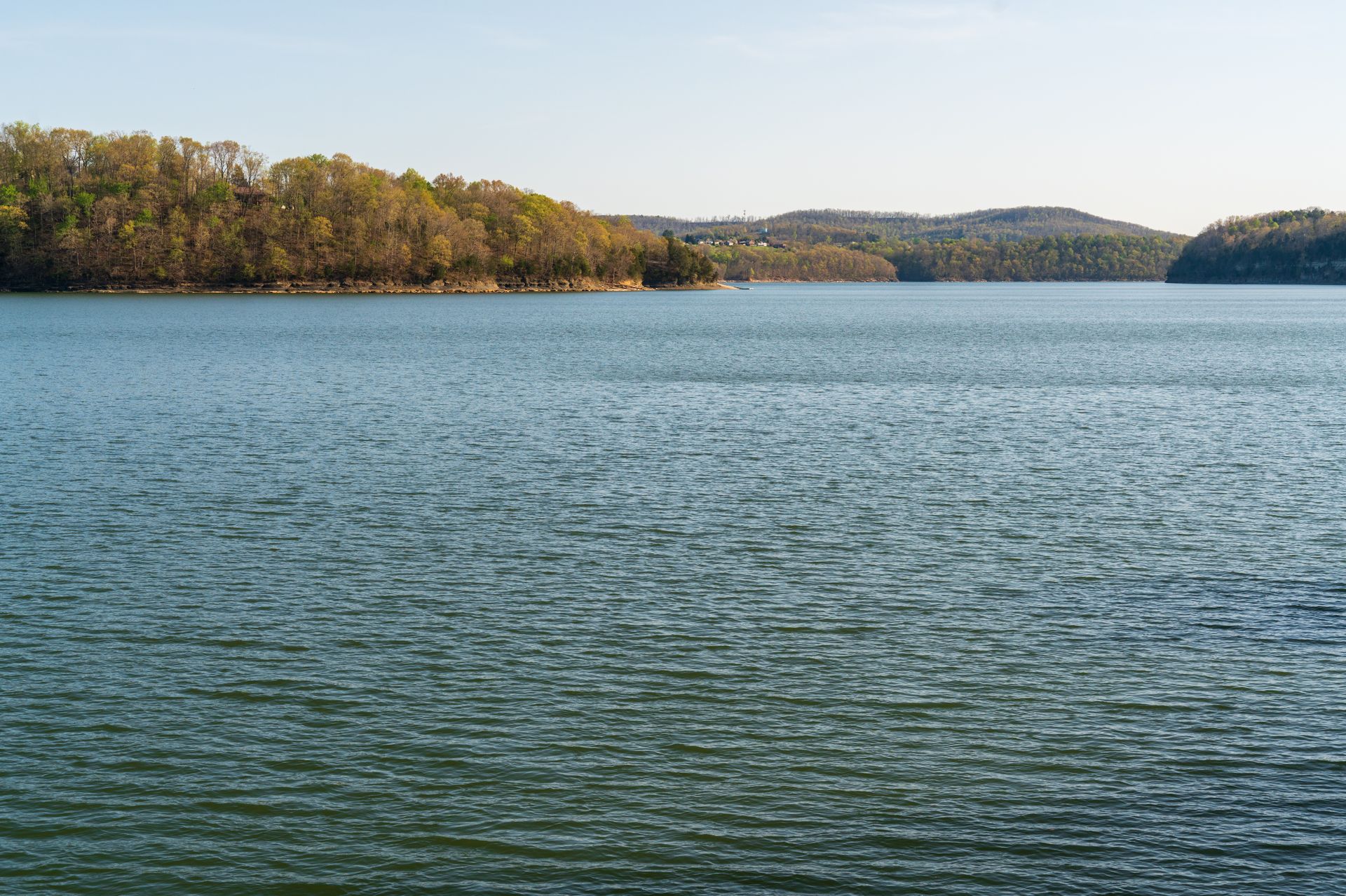 Calm, blue lake with ripples under a clear sky. Shoreline with trees in the distance.