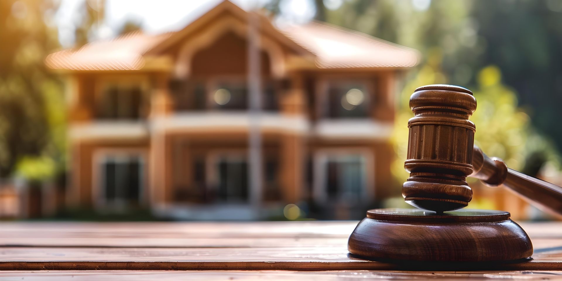 Wooden gavel on a wooden surface with a blurred house in the background.