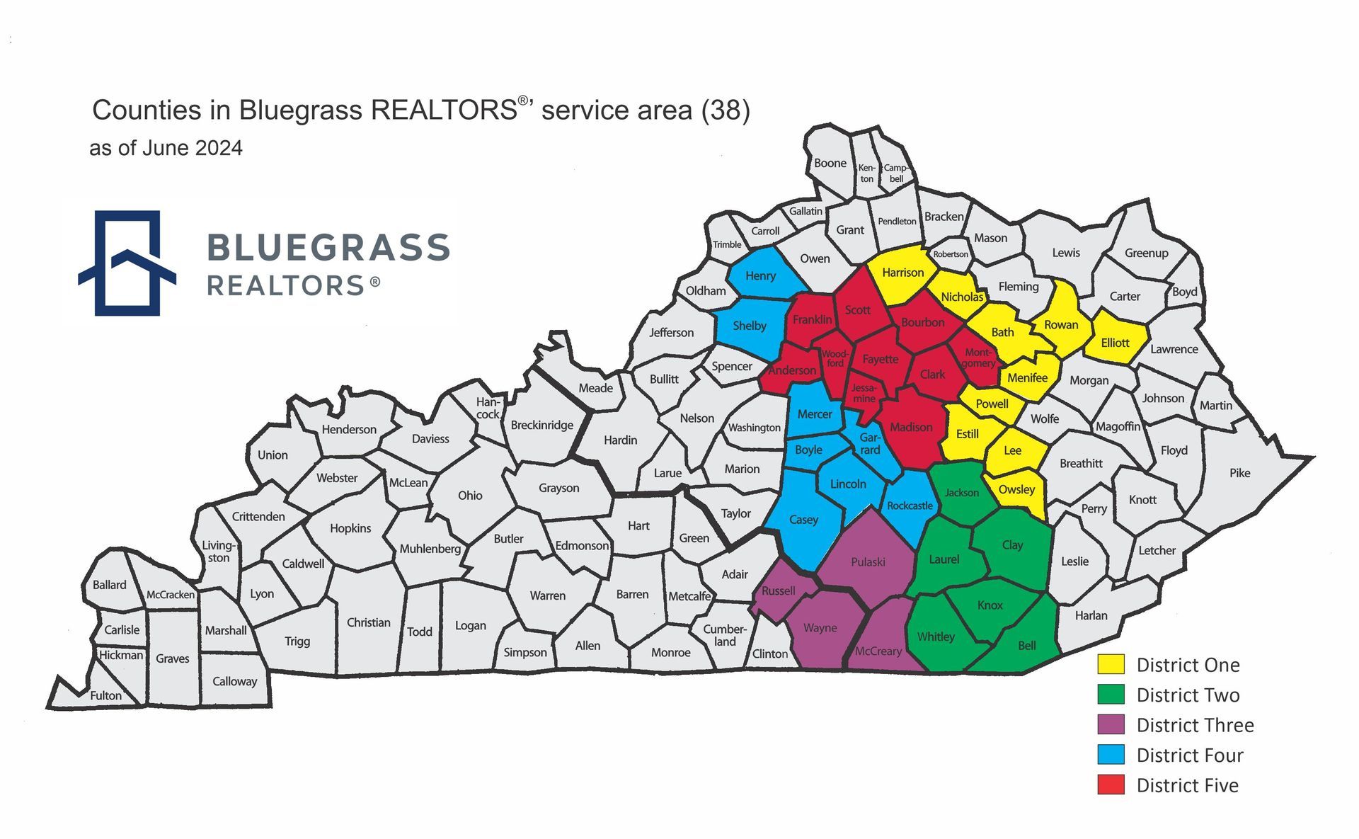 Map of Kentucky counties, color-coded by Bluegrass REALTORS service areas, with key for districts.