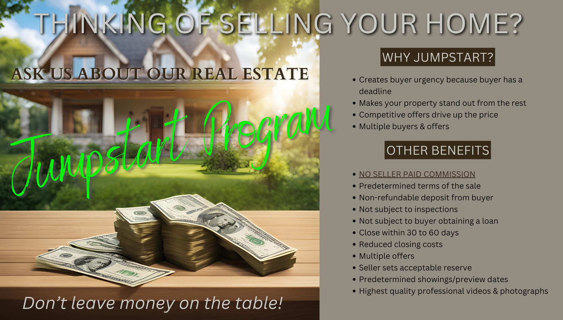 Real estate ad: House, cash, text 