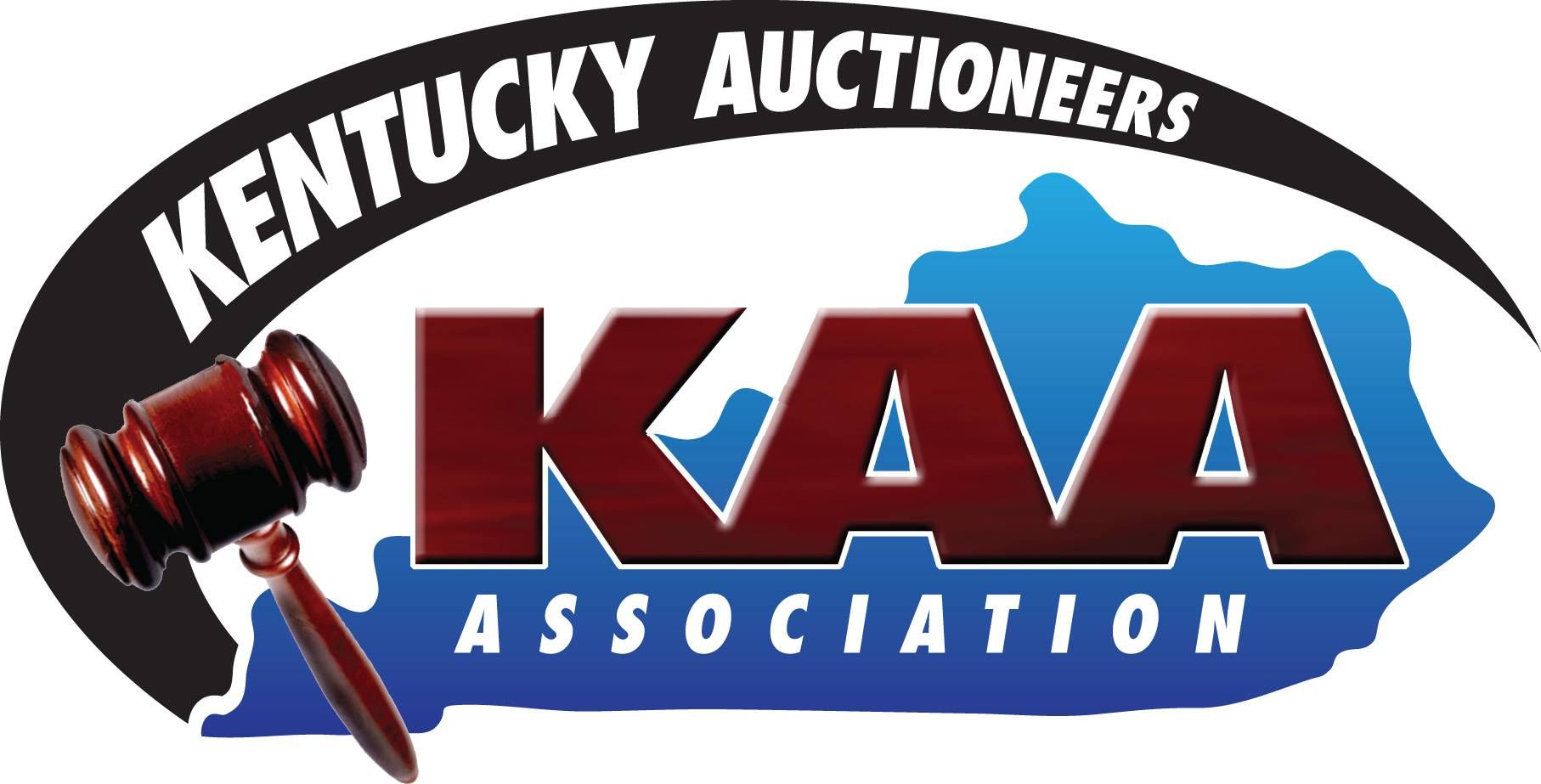 Logo for Kentucky Auctioneers Association: includes a gavel, a map of Kentucky, and the letters "KAA."