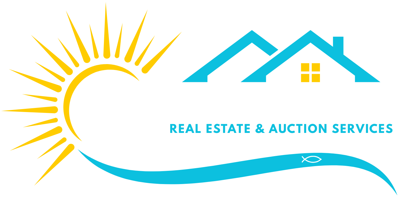 Logo with a yellow sun, blue house, and text 