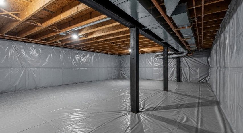 Unfinished basement with plastic-covered walls, exposed beams, and support columns