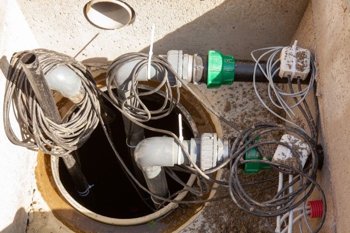 Electrical meter pit with tangled cables and several lightbulbs around an open circular manhole.