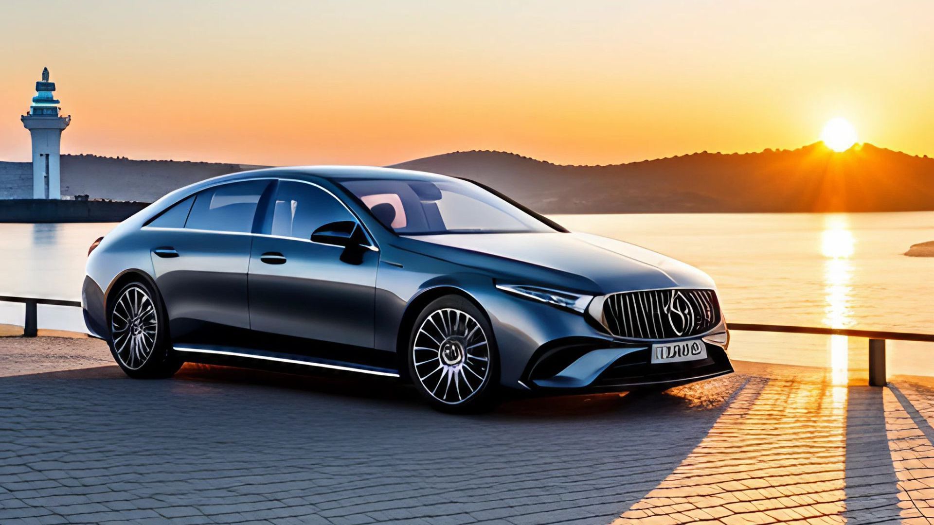 Illustration of a Mercedes-Benz parked at a pier in the sunset.