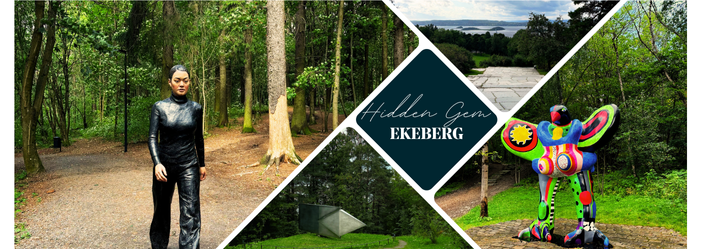 A collage of sculputres at Ekeberg Sculpture park. And a picture of the view. 