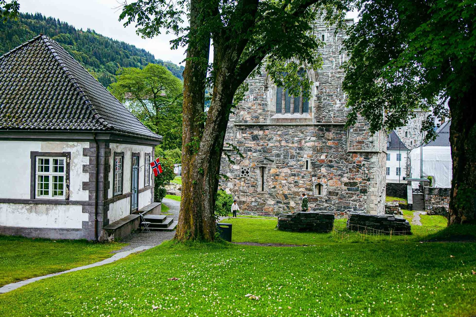 Scenic view of Bergenhus Fortress grounds with Hakon’s Hall