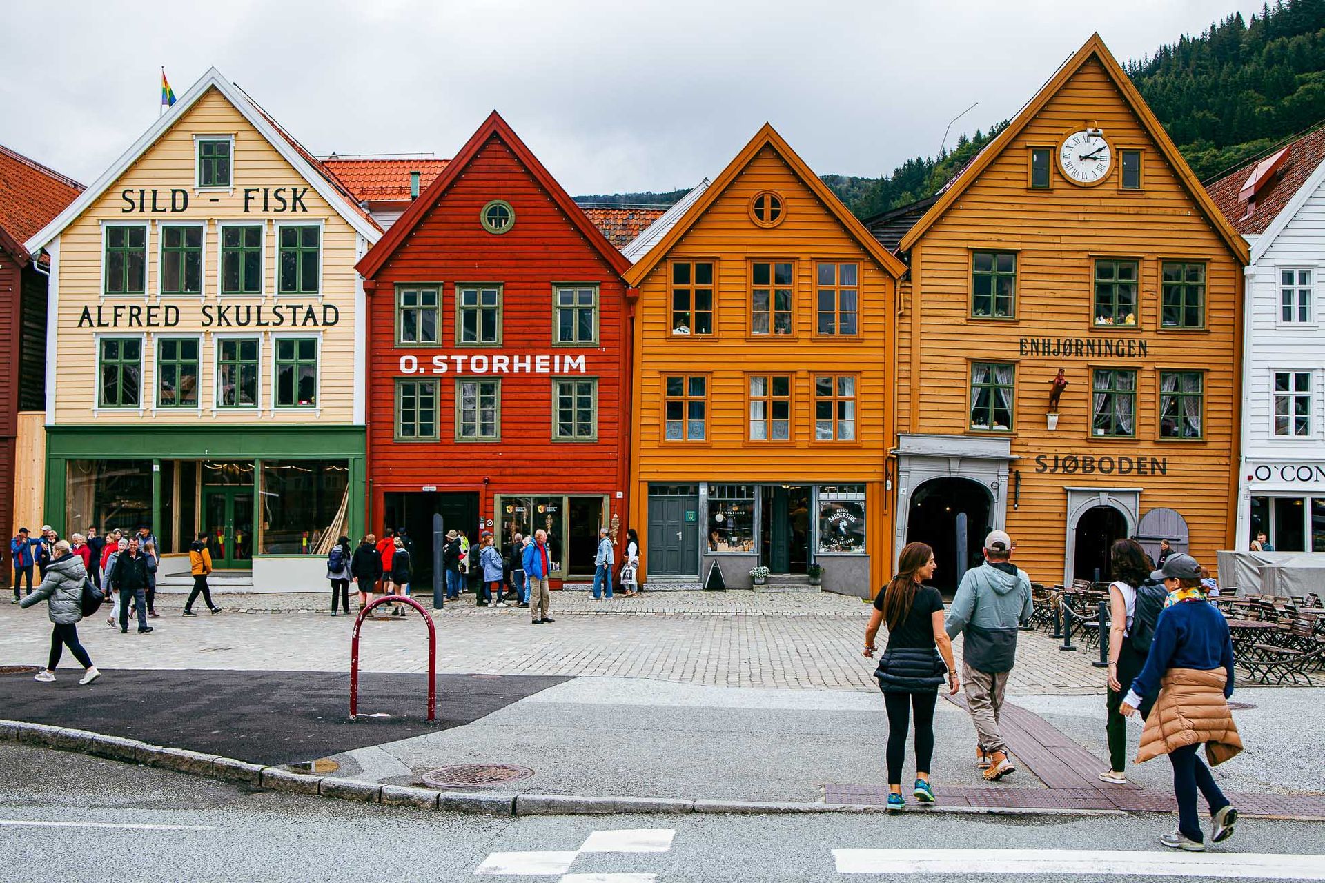 Four wooden houses on the Bryggen of Bergen