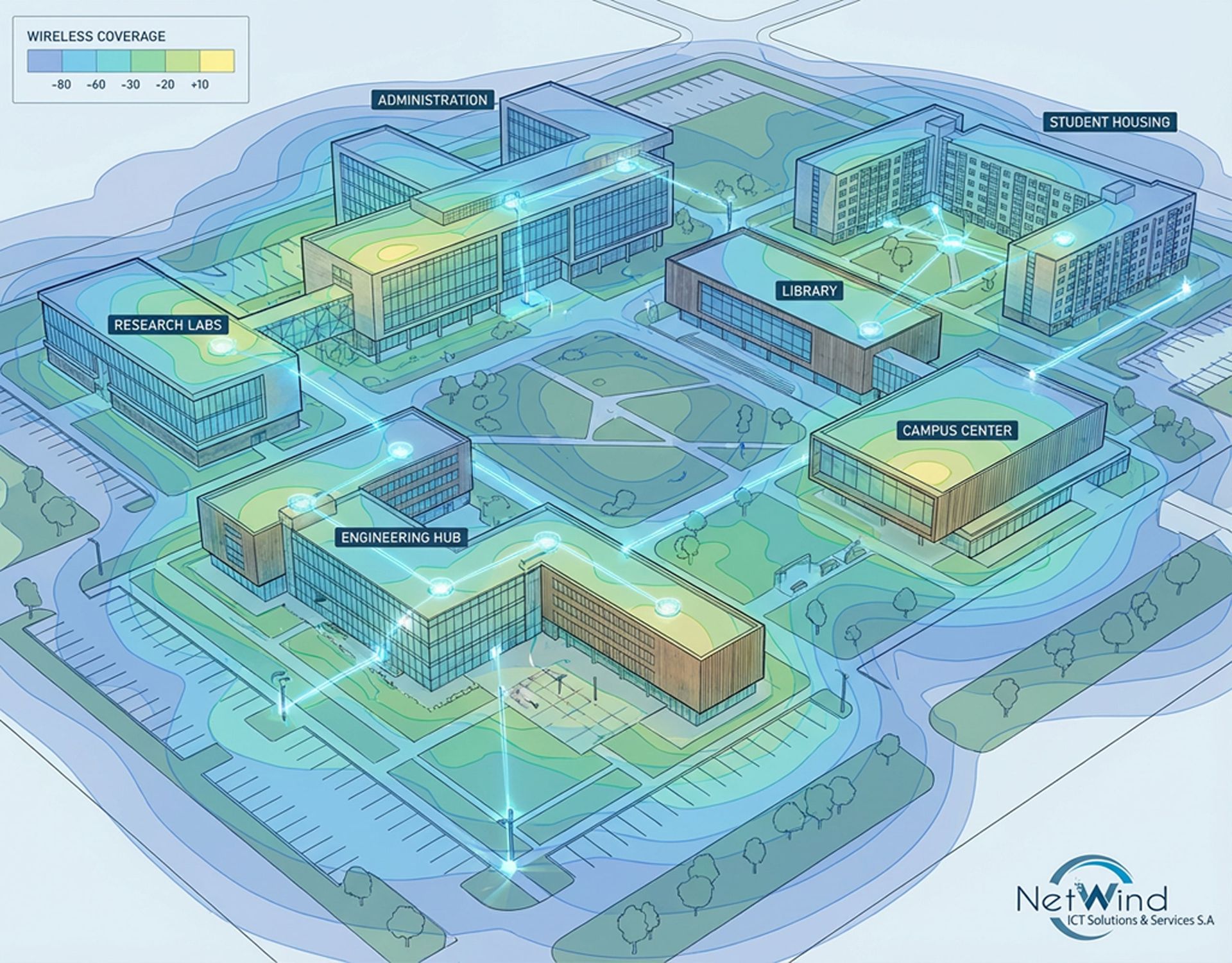 Outdoor campus wireless coverage planning map with network nodes and coverage contours