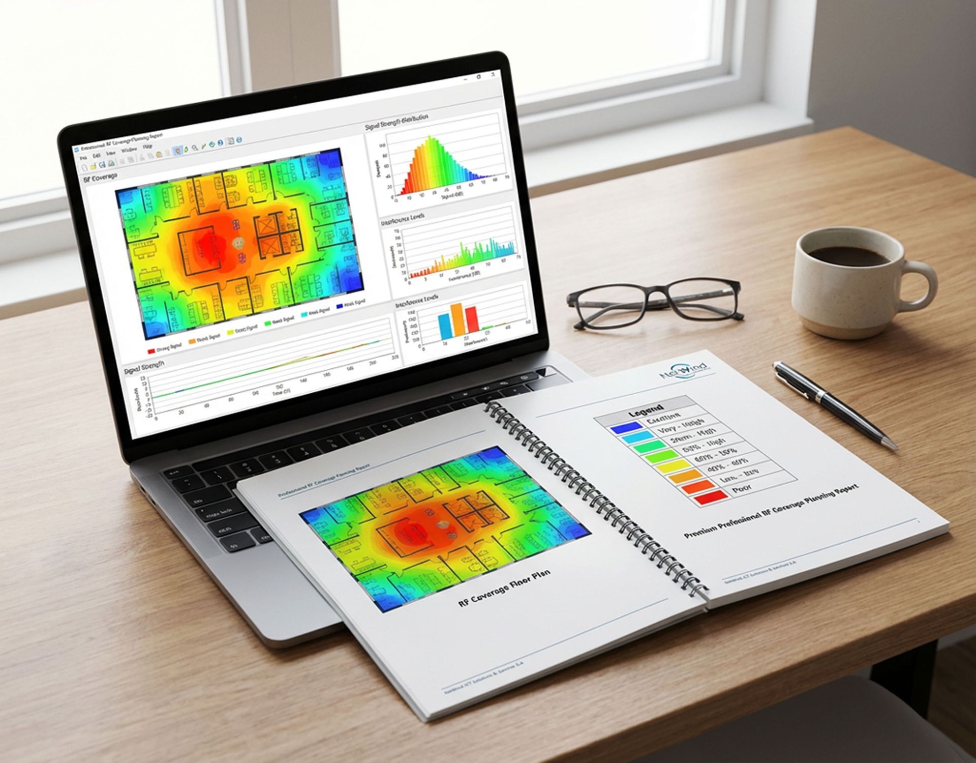 Wireless coverage planning deliverables report with heatmaps, floor plans and design outputs