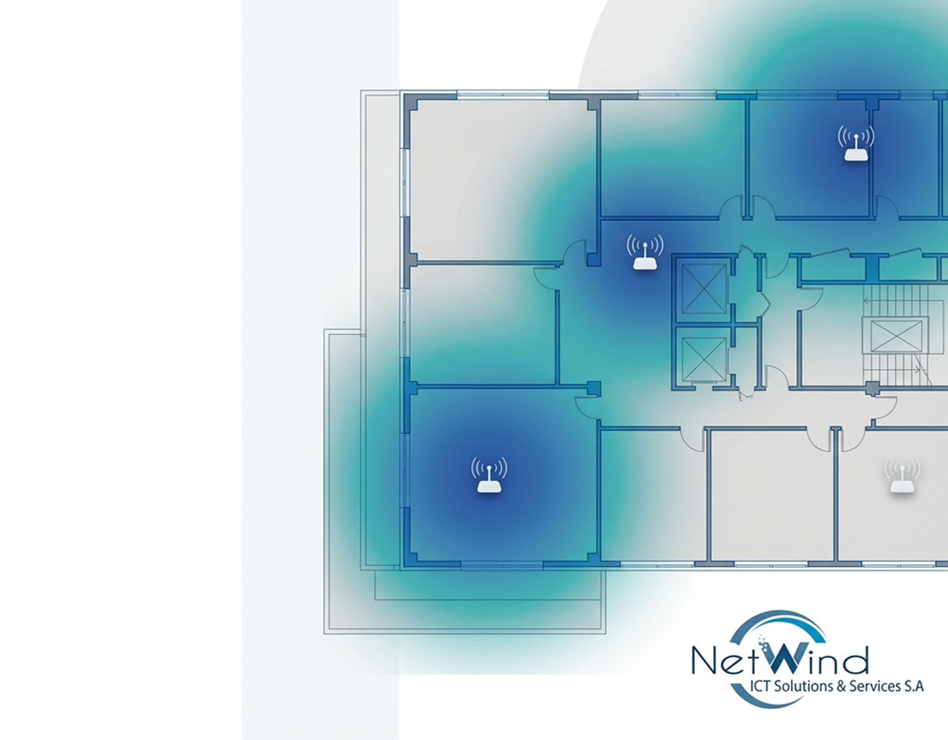 RF coverage heatmap overlay on a building floor plan for radio coverage planning