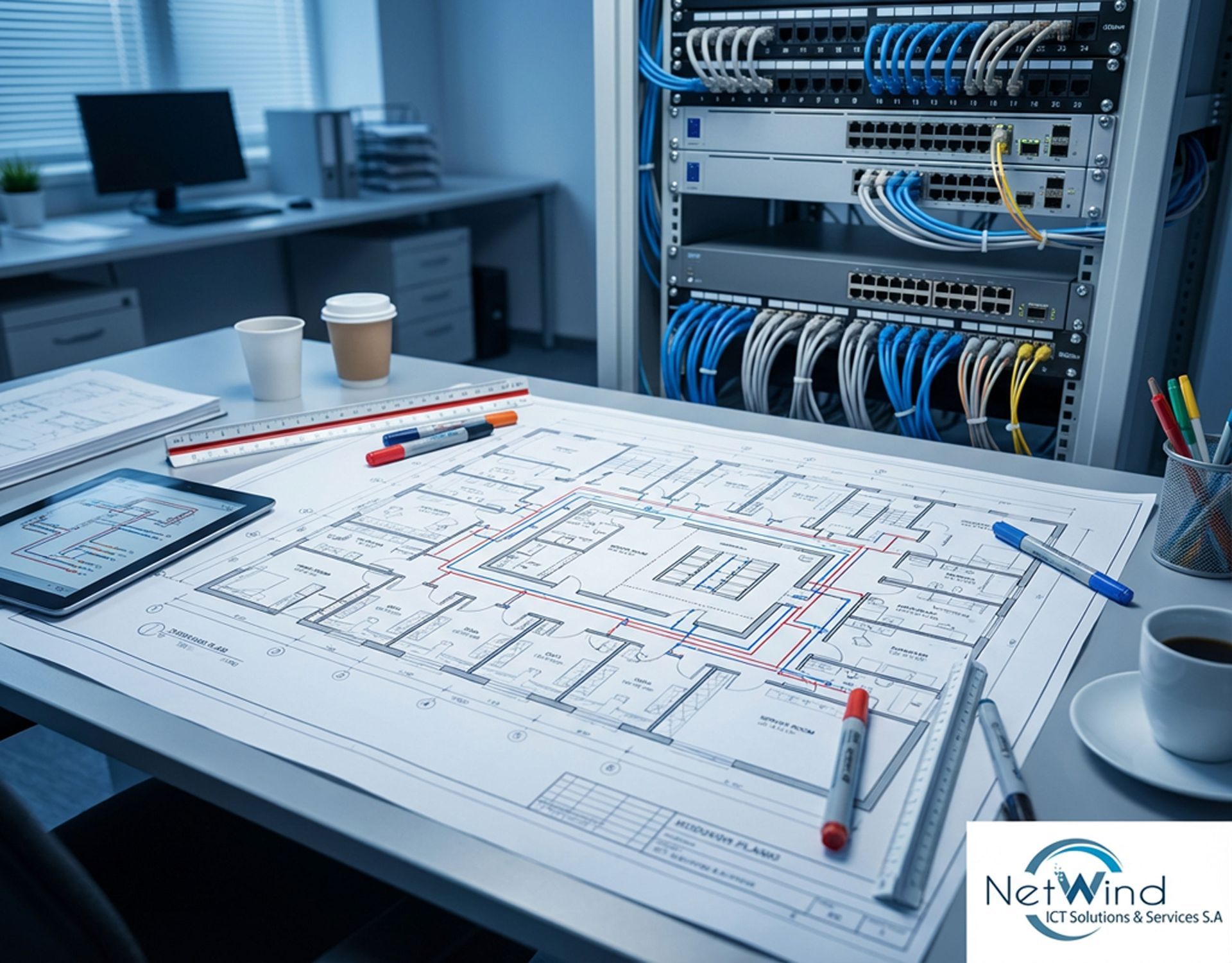 Structured cabling and infrastructure planning with blueprint and network rack
