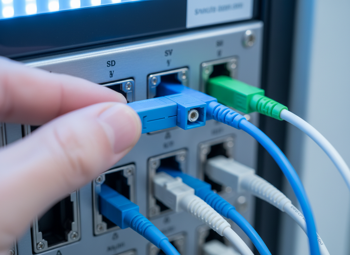 Close-up of fiber optic cables used for enterprise optical networking