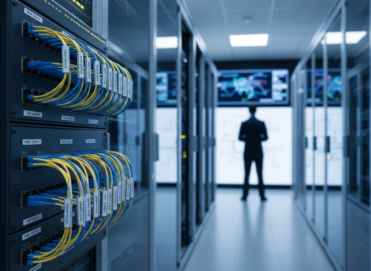 Organized fiber optic patch panels and cabling in a data center environment