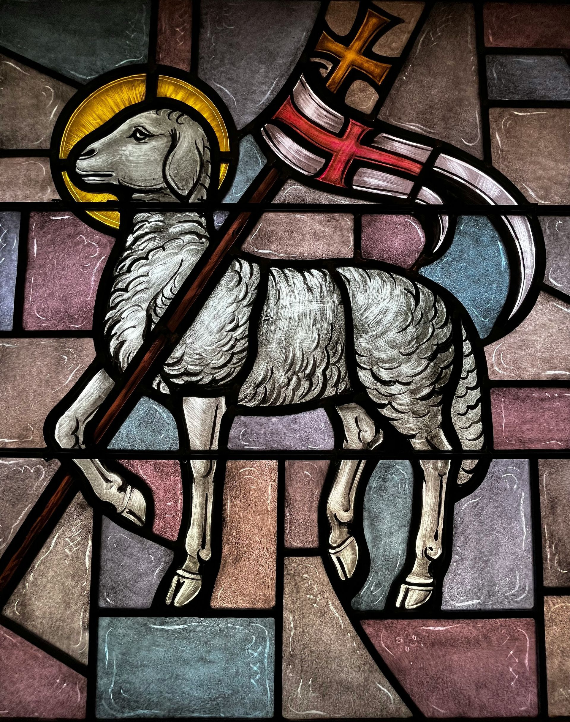 An Agnus Dei in a stained glass window from the rural Trinity Episcopal Church in Henrietta, TX. by David Bumgardner