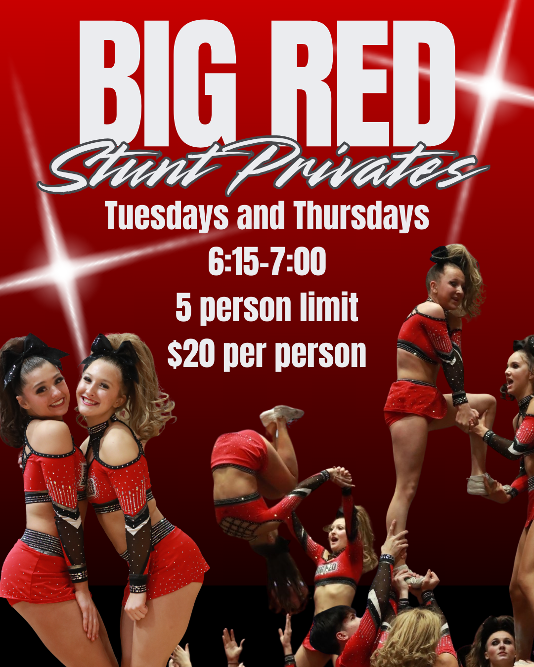 A red flyer for Big Red Stunt Privates featuring cheerleaders. Details: Tuesdays/Thursdays, 6:15-7:00, $20, 5-person limit.