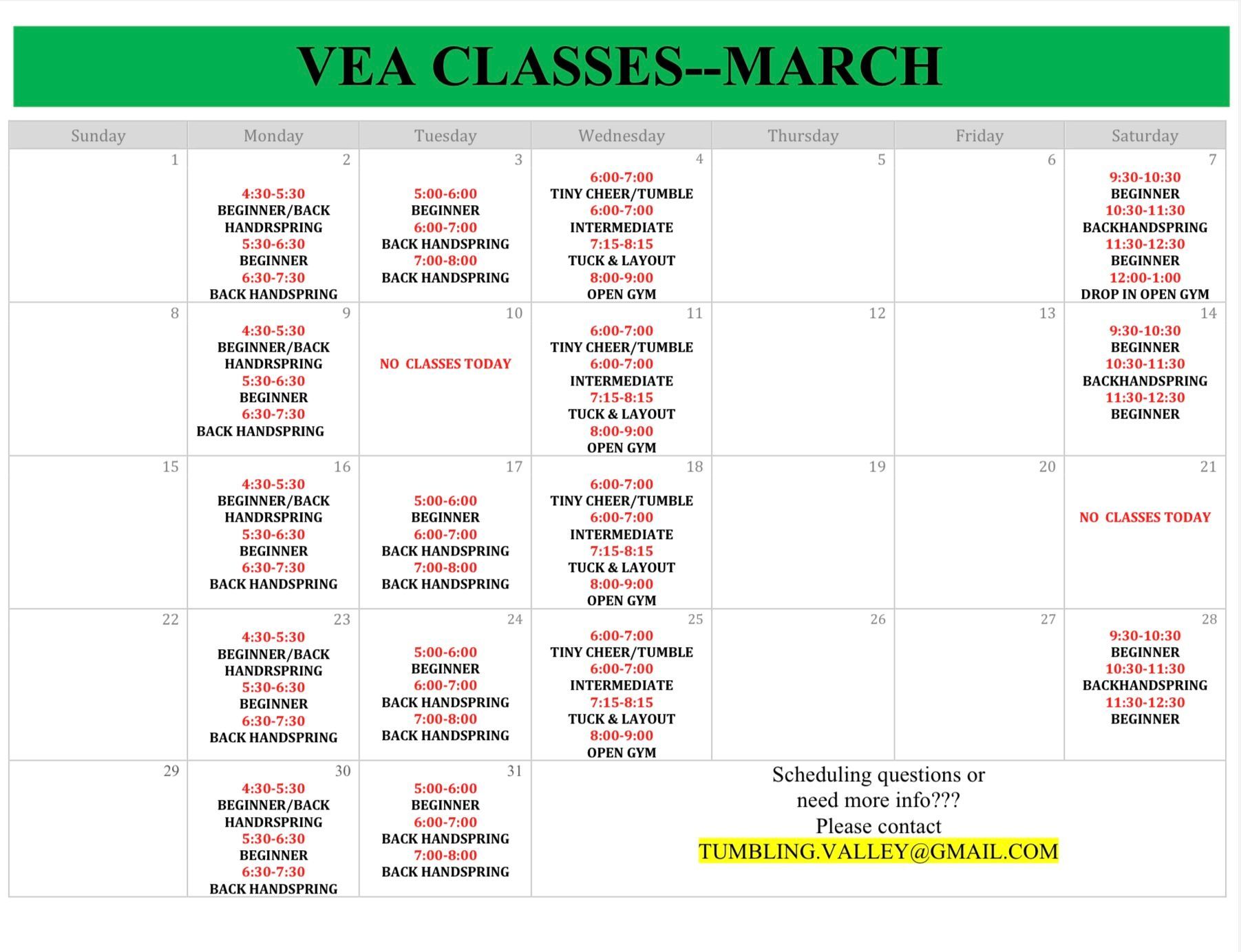 A March calendar displaying daily VEA class schedules, including times, subjects, and contact information.