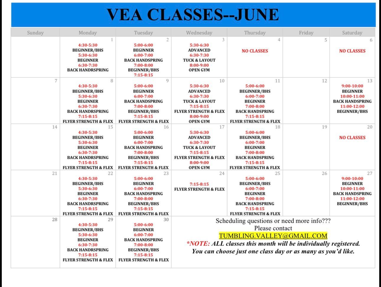 A March calendar displaying daily VEA class schedules, including times, subjects, and contact information.