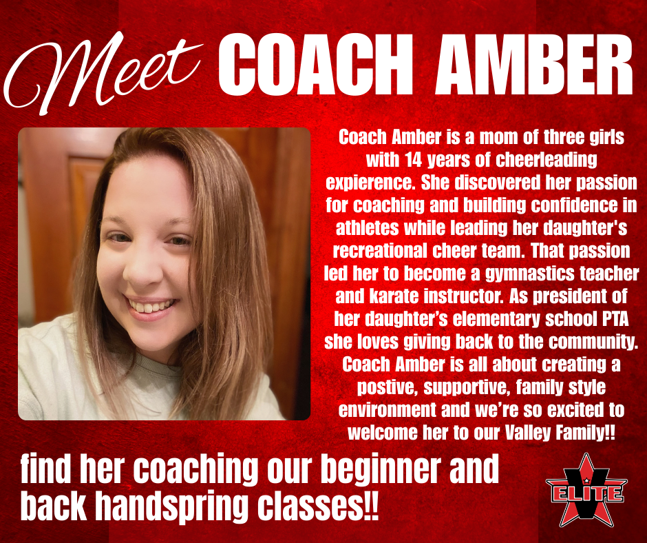 A red flyer introducing Coach Amber, featuring her photo and a biography about her experience in cheer and athletics.