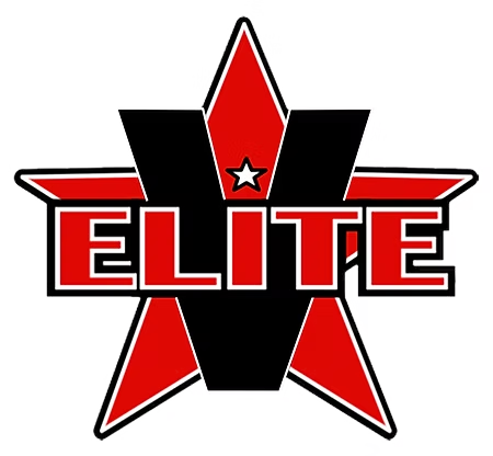 A red star behind a black capital letter V, with the word ELITE in red letters and a small white star centered above it.