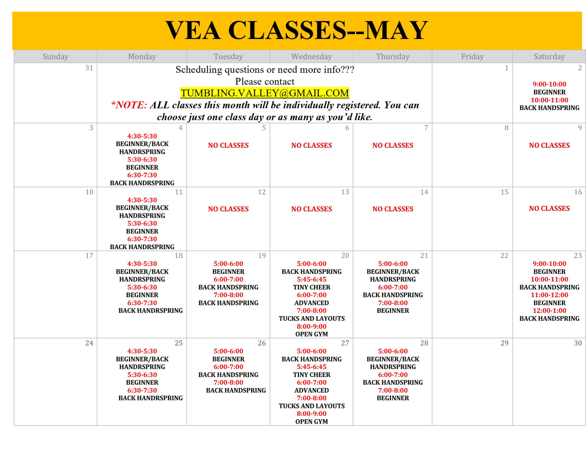 A March calendar displaying daily VEA class schedules, including times, subjects, and contact information.