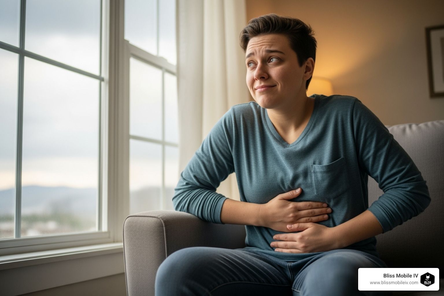 A person looking queasy but hopeful, sitting by a window - Fast nausea relief