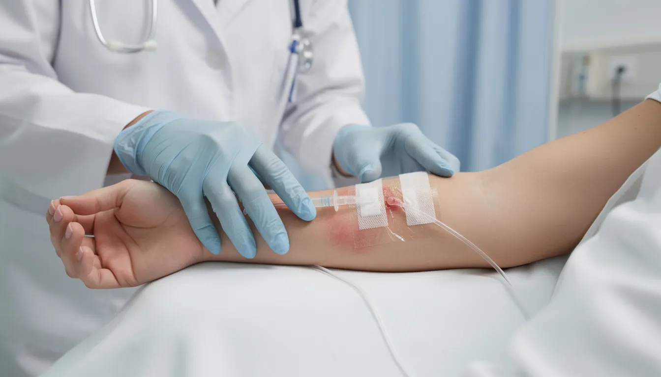 A healthcare professional is carefully examining an IV injection site on a patient's arm, ensuring proper placement for intravenous vitamin therapy. This process is crucial for delivering essential nutrients directly into the bloodstream, promoting optimal health and addressing potential nutrient deficiencies.