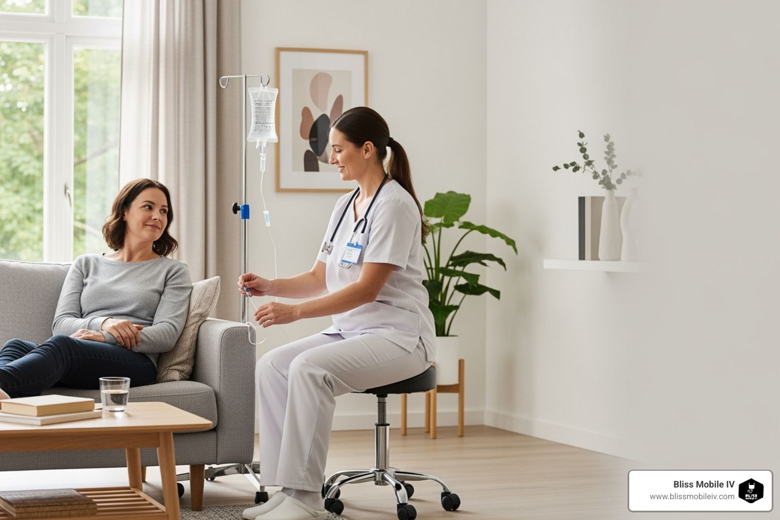 A person relaxing comfortably on their living room couch while a friendly nurse administers an IV dr