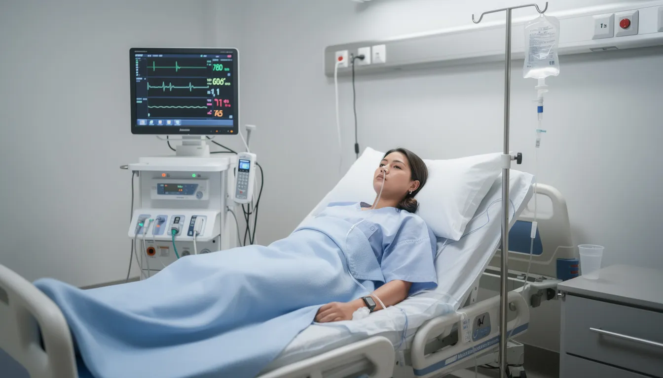 A patient is receiving IV therapy in a hospital bed, connected to an IV line that delivers essential nutrients directly into the bloodstream, while medical monitoring equipment tracks their health status. This intravenous vitamin therapy aims to provide immediate absorption of vitamins and minerals to support overall well-being.