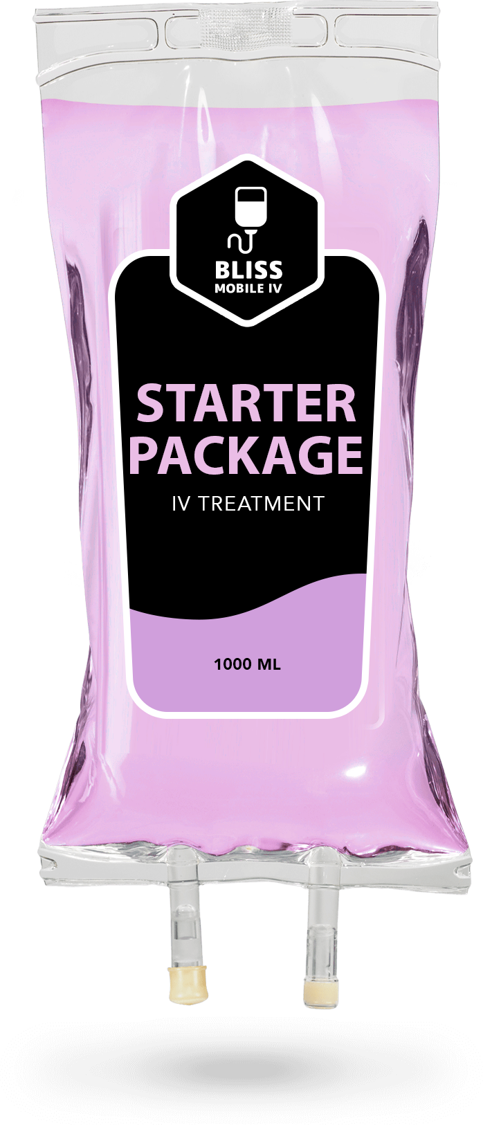 A purple bag with a black label that says `` starter package ''.