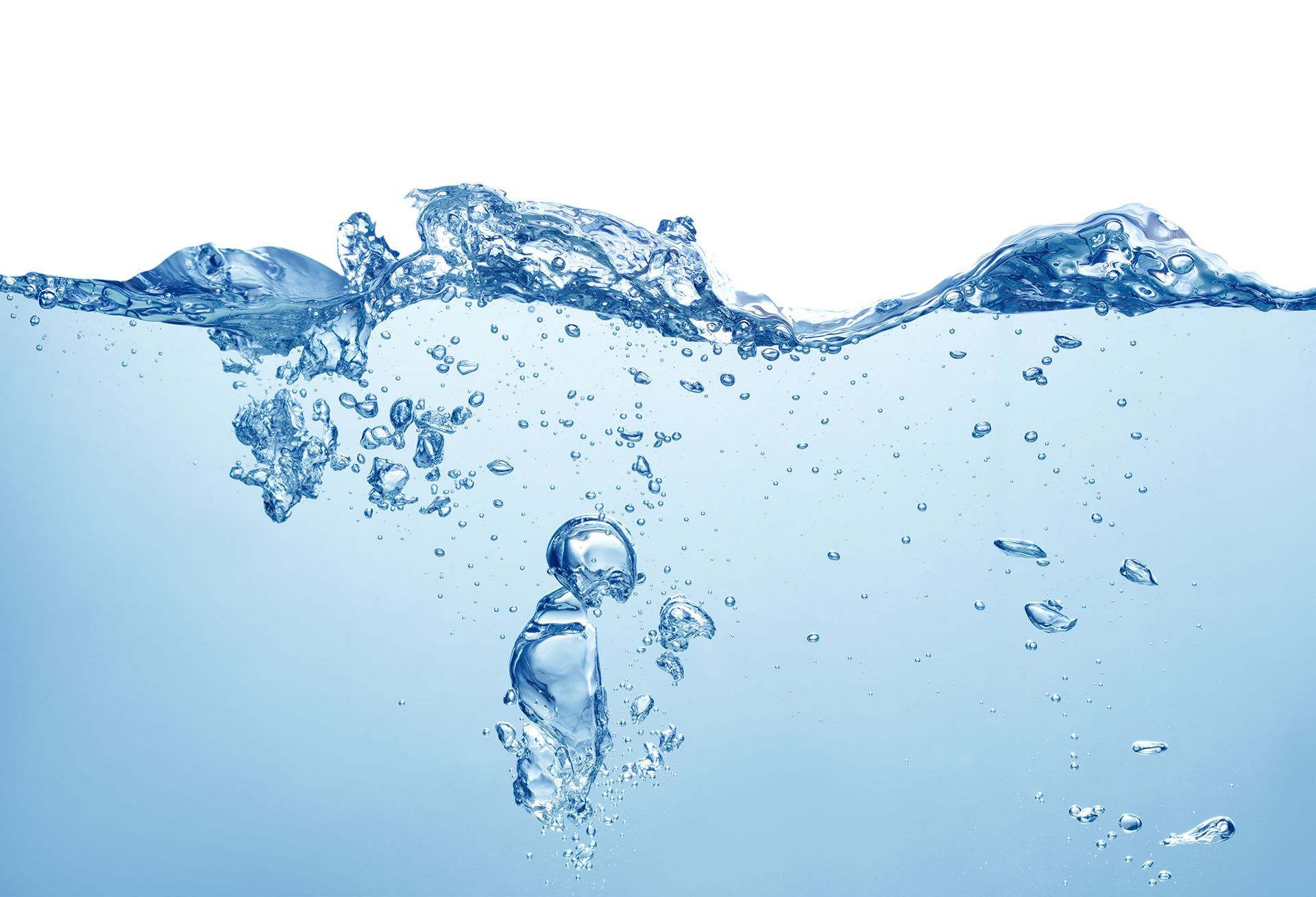 Blue water with a turbulent surface and rising air bubbles against a white background.