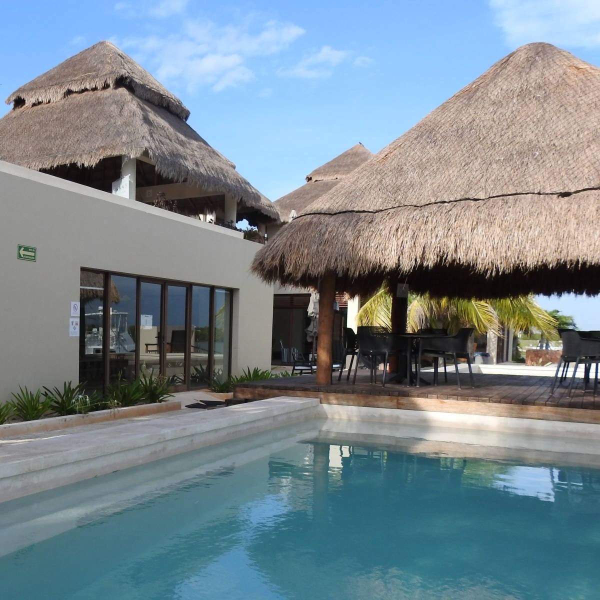 Una gran piscina con techo de paja.