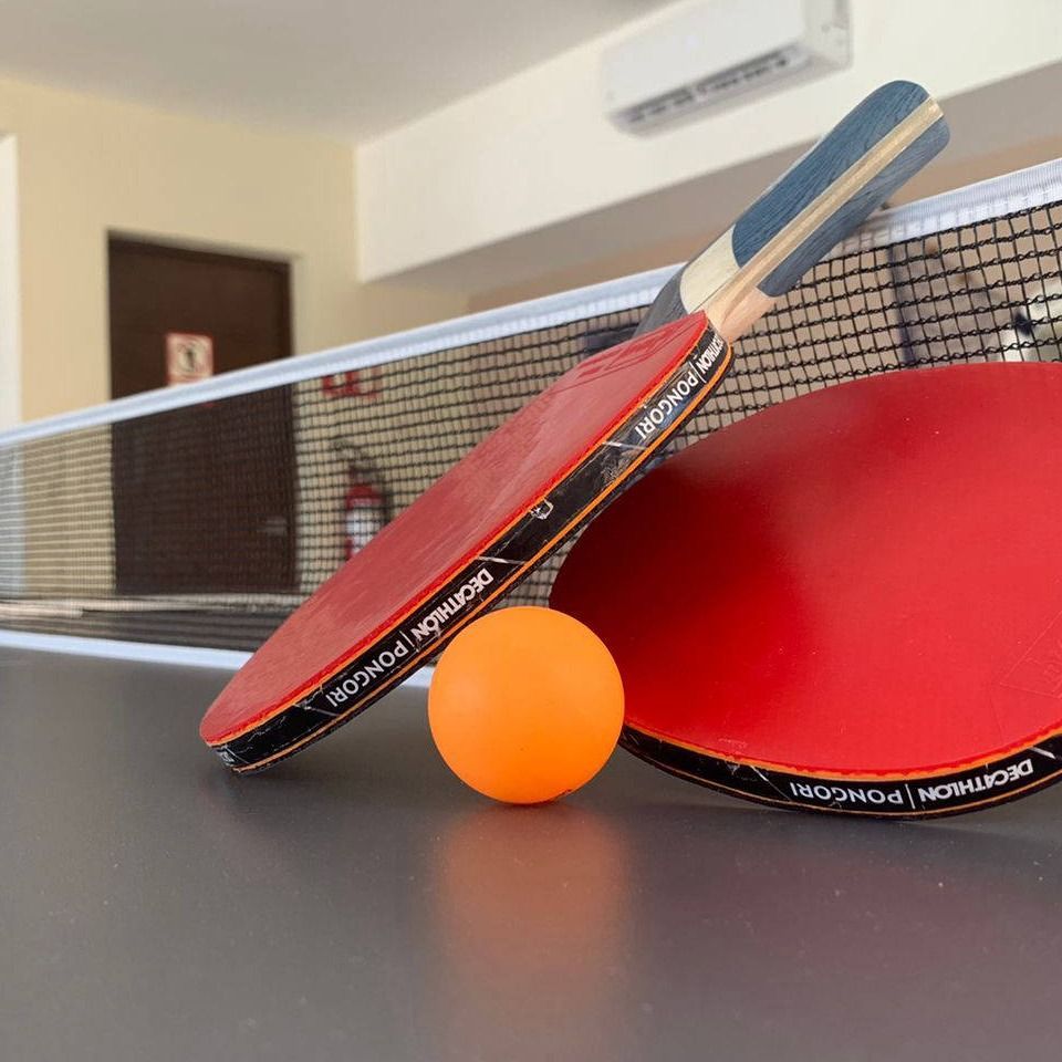 Una paleta de ping pong y una pelota sobre una mesa