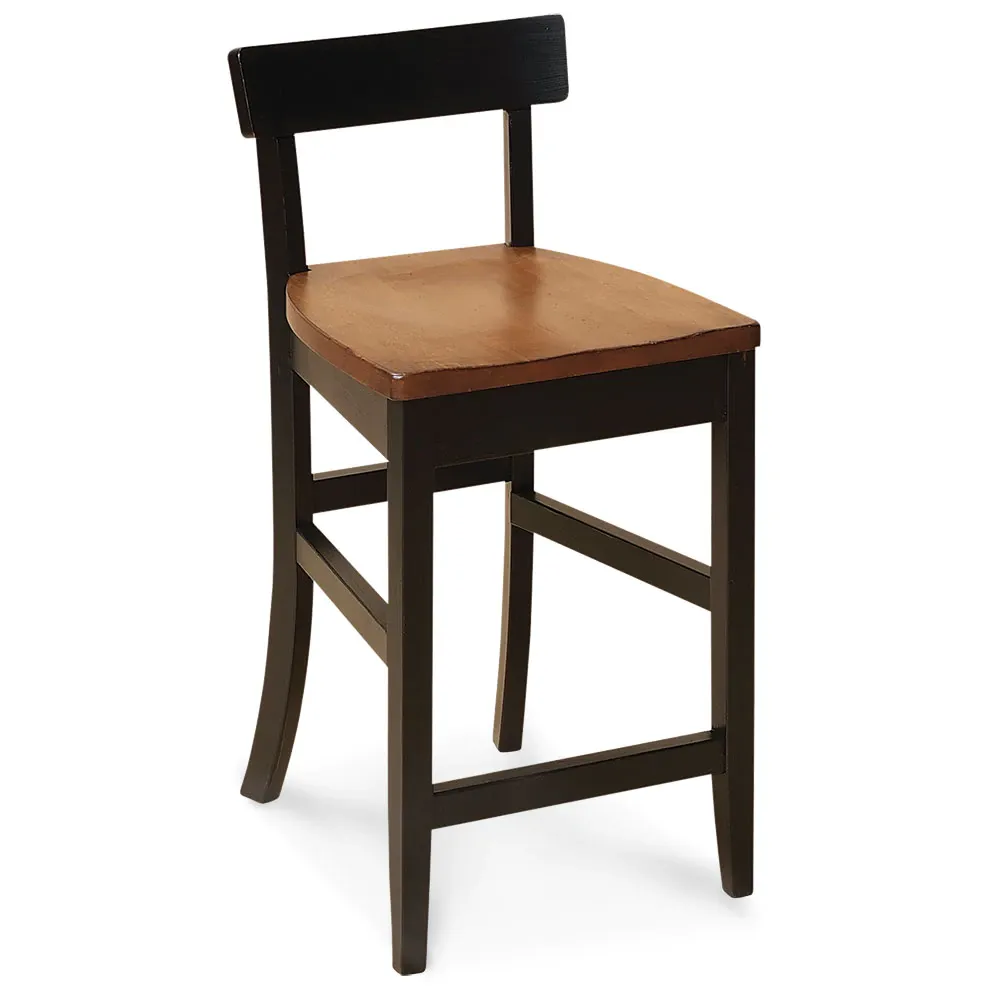 A wooden bar stool with a black back on a white background