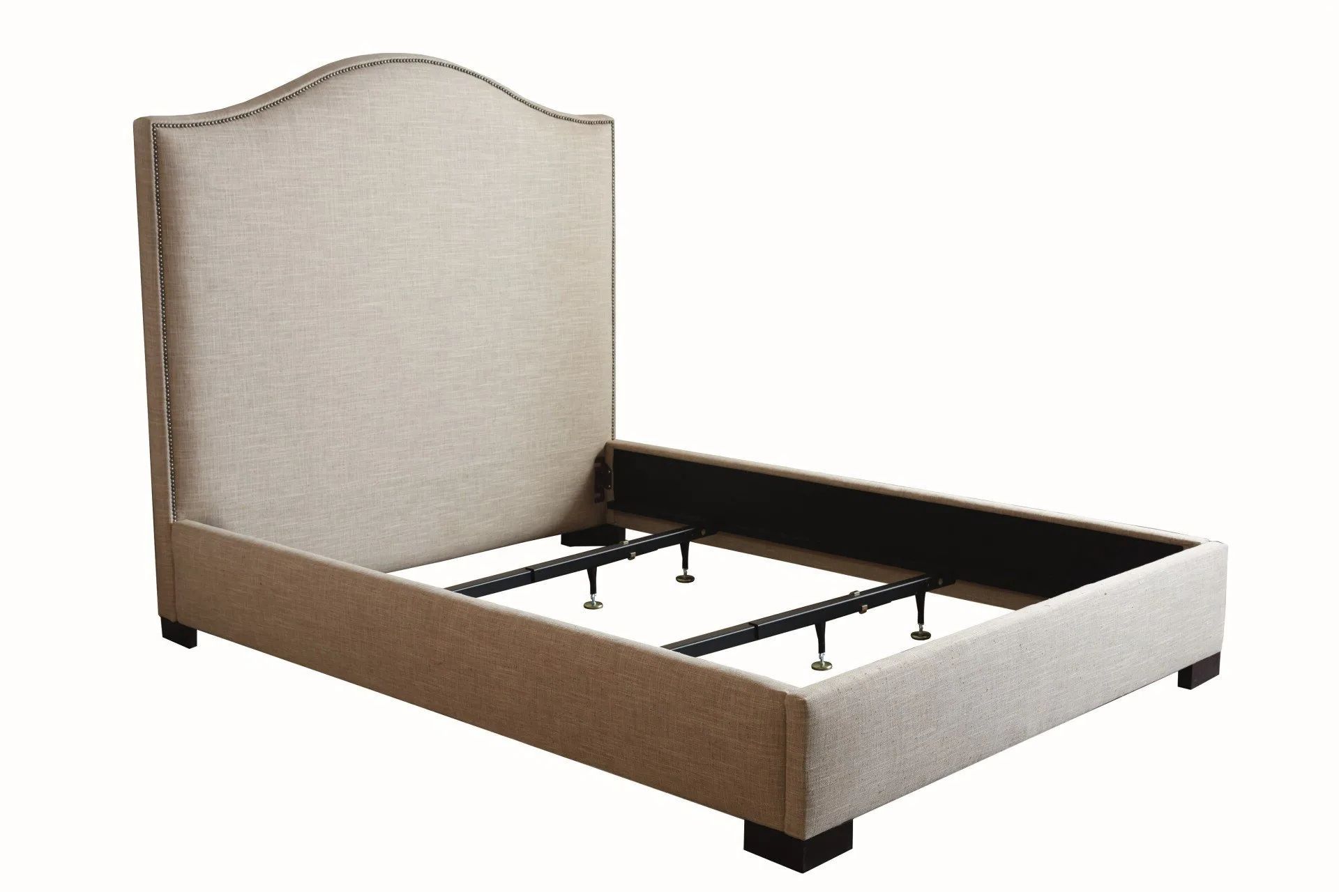 A bed frame with a headboard on a white background