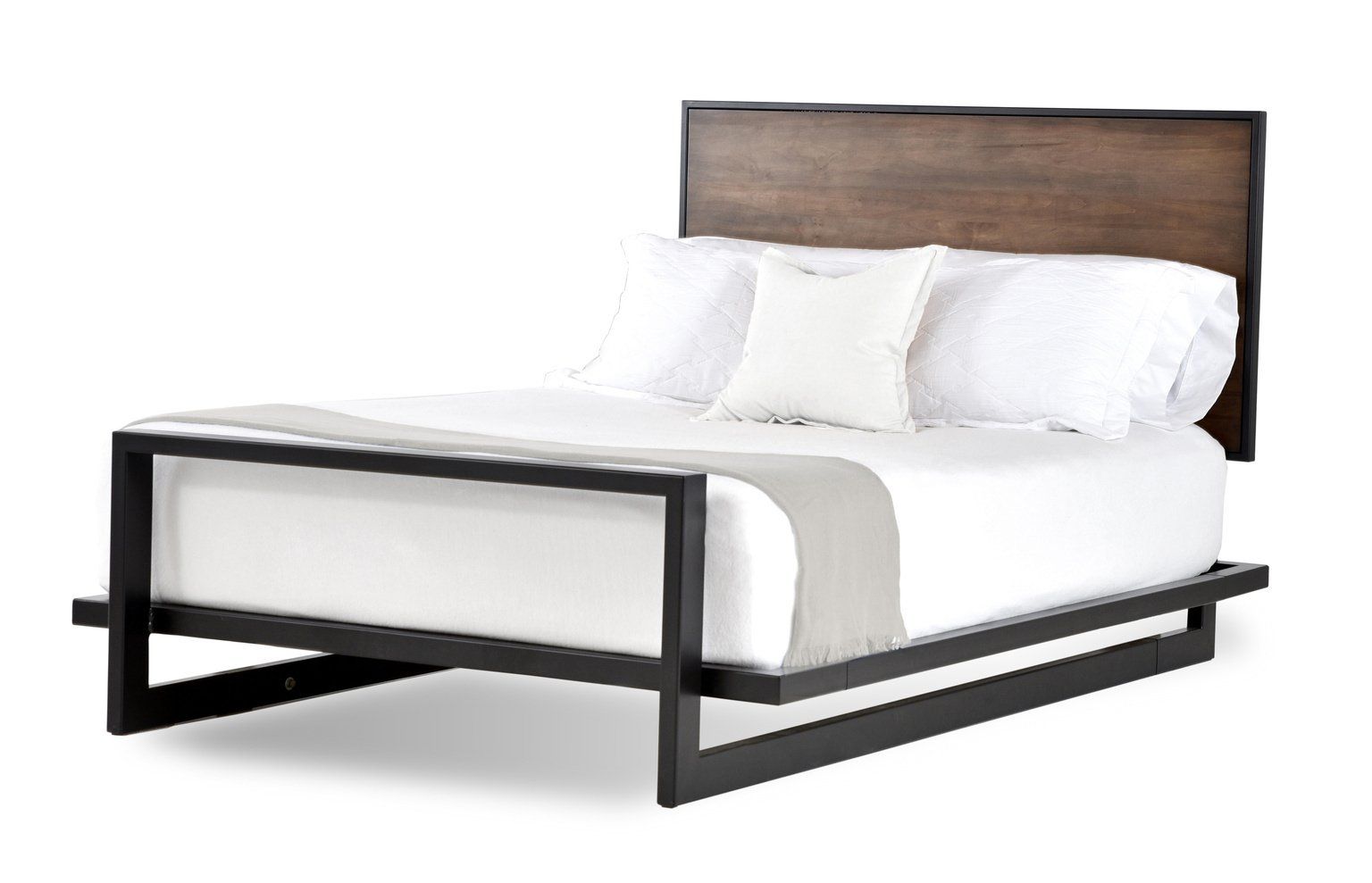 A bed with white sheets and pillows on a white background.