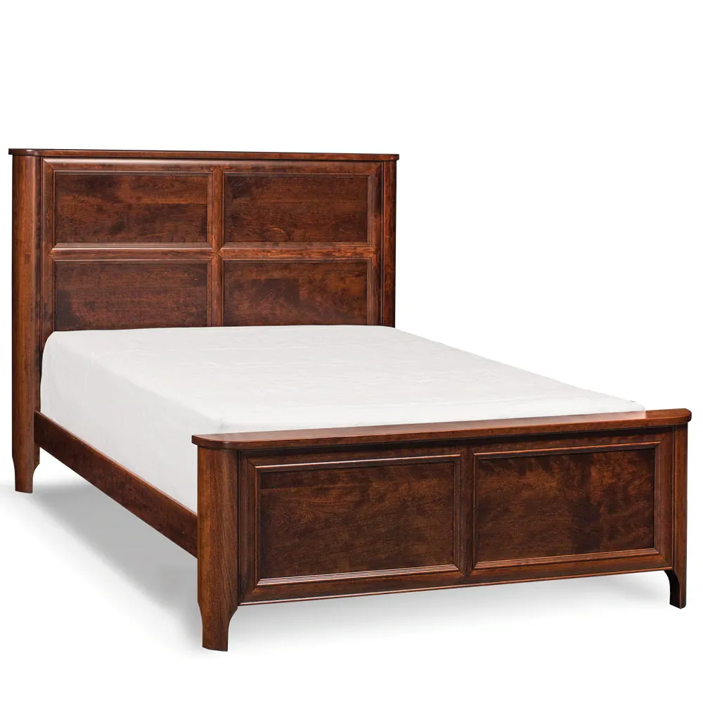A wooden bed with a white mattress on it