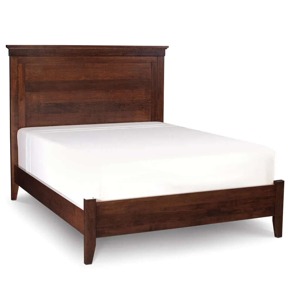 A wooden bed frame with a white mattress