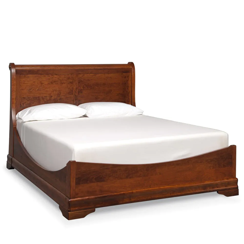 A wooden bed with white sheets and pillows on a white background