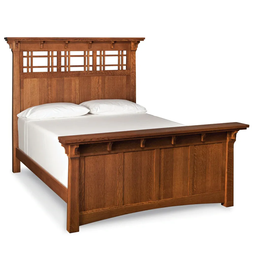 A wooden bed with white sheets on a white background