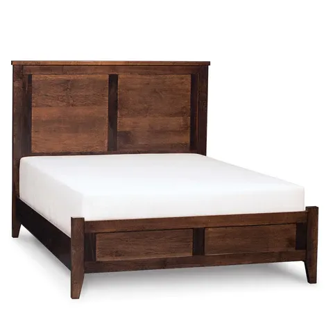 A wooden bed frame with a white mattress