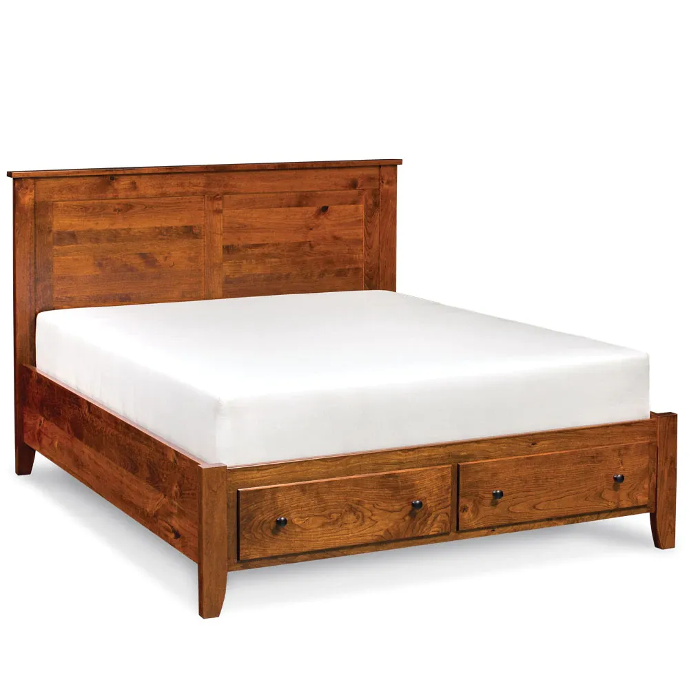 A wooden bed frame with two drawers underneath it