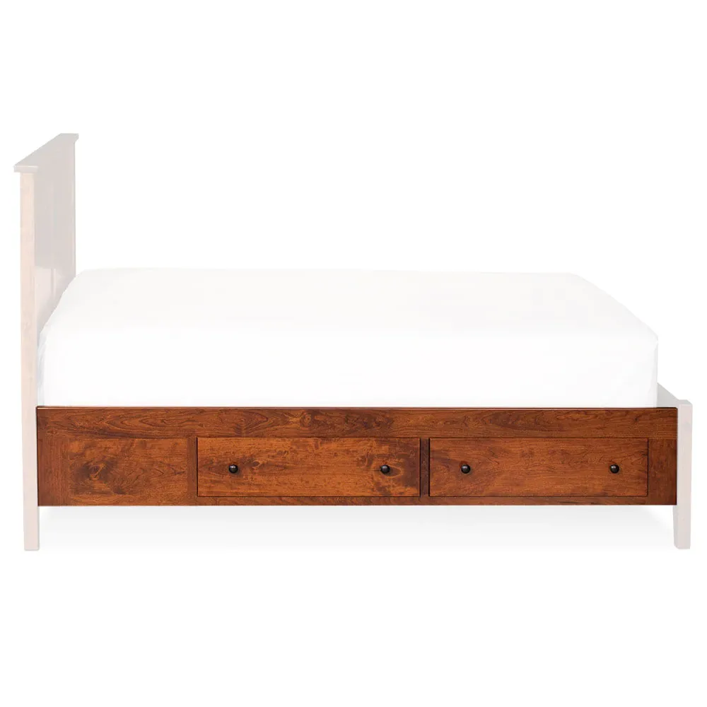 A wooden bed frame with three drawers underneath it.