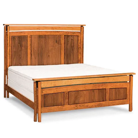A wooden bed with a white mattress on it